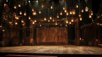A stage with a rustic barn theme featuring wooden planks and hanging lanterns 