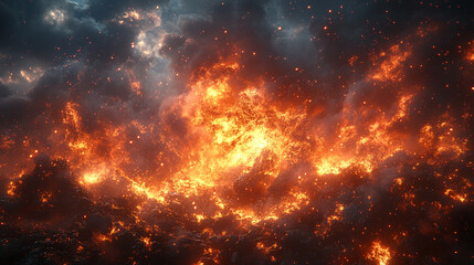 Fototapeta premium Intense blaze consuming industrial waste pile under dramatic sunset sky symbolizing environmental chaos climate change and human impact on nature in hyperrealistic detail with fiery hues and smoke