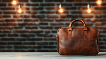 A fashionable brown leather bag is showcased beautifully against an urban-style wall, reflecting modern design elements that appeal to discerning taste in accessories and lifestyle.