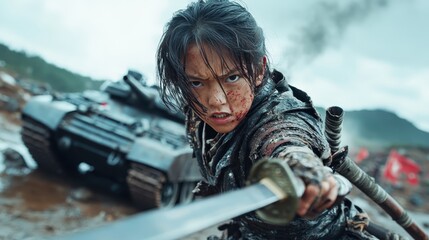 Obraz premium A powerful scene featuring a young girl warrior confronting chaos on a battlefield, with determination etched on her face and ready to face any challenge that comes her way.