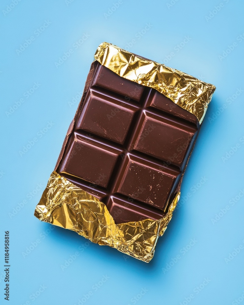 Poster a partially unwrapped dark chocolate bar with a shiny gold wrapper on a light blue background.