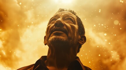 An elderly Hispanic man gazes upwards in a dramatic golden light, evoking a sense of wonder and reflection.