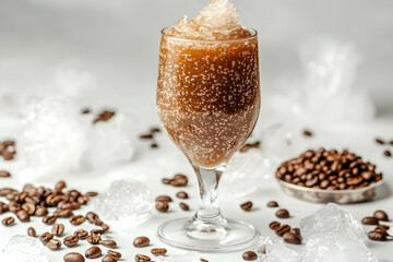 Coffee slush served in a tall glass surrounded by coffee beans and crushed ice on a white table