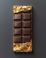 Obraz premium A delicious dark chocolate bar wrapped in shiny gold foil, perfect for indulgence.
