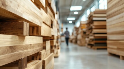 Obraz premium A wide view of stacked wooden planks in a well-lit workshop, showcasing various textures and colors of wood, emphasizing the craftsmanship involved in woodworking projects.