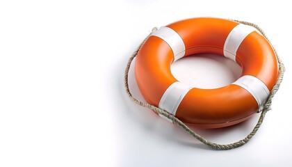 lifebuoy or life ring is a round shaped life saving buoy with a rope designed to be thrown to a person in water to provide buoyancy and prevent drowning. Isolated on white background with copy space