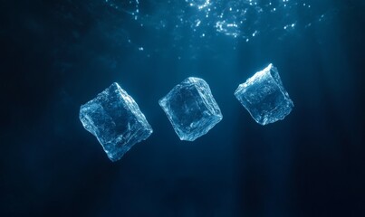 Three ice cubes are floating in the air above a dark blue background.