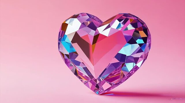 Crystal diamond heart with shadows on pink background. St. Valentine's day concept. Symbol of love, romance and passion