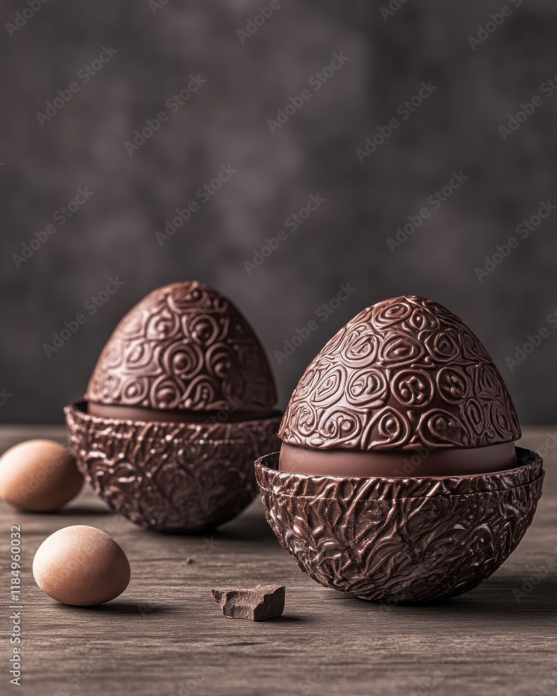 Poster two intricately designed chocolate eggs with a rustic backdrop, surrounded by smaller eggs and choco