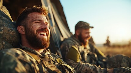 A heartfelt moment captured as soldiers laugh and share a joyful time in a military setting, highlighting camaraderie, resilience, and the lighter side of life amidst challenges.