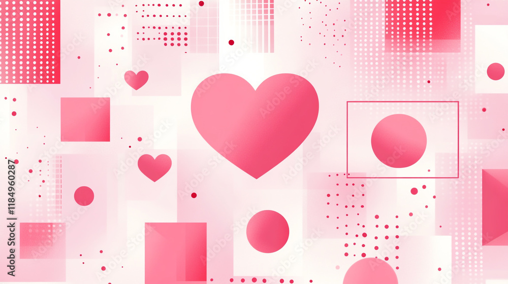 Poster abstract design featuring hearts and geometric shapes in soft pink tones