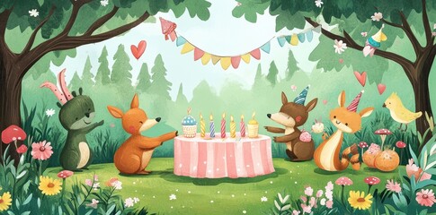 Naklejka premium Woodland Creatures Celebrate A Birthday Party Together