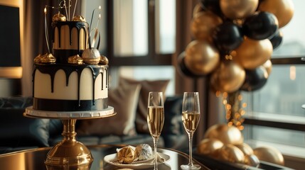 Elegant celebration scene featuring a cake, champagne, and festive balloons.