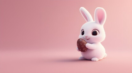 Cute white rabbit with chocolate egg on pink background. Easter card with space for text.