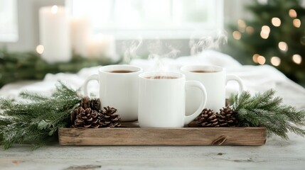 Three steaming white mugs filled with hot beverages, surrounded by pinecones and greenery, create a cozy winter atmosphere perfect for holiday gatherings and warmth.