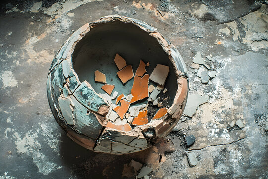 Broken pot with scattered fragments, evoking themes of fragility and renewal
