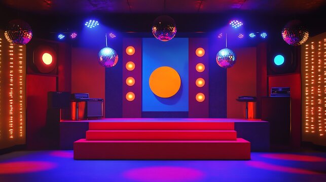 A stage with a retro 70s theme featuring bold colors and disco ball lighting 
