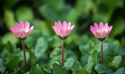 Obraz premium Three pink flowers are arranged in a row, with one of them being slightly taller than the others.