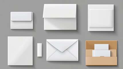 White cardboard box mockup set isolated on gray background. Vector realistic illustration of open and closed carton packages, mail delivery, gift packaging, parcel with blank surface, isometric view