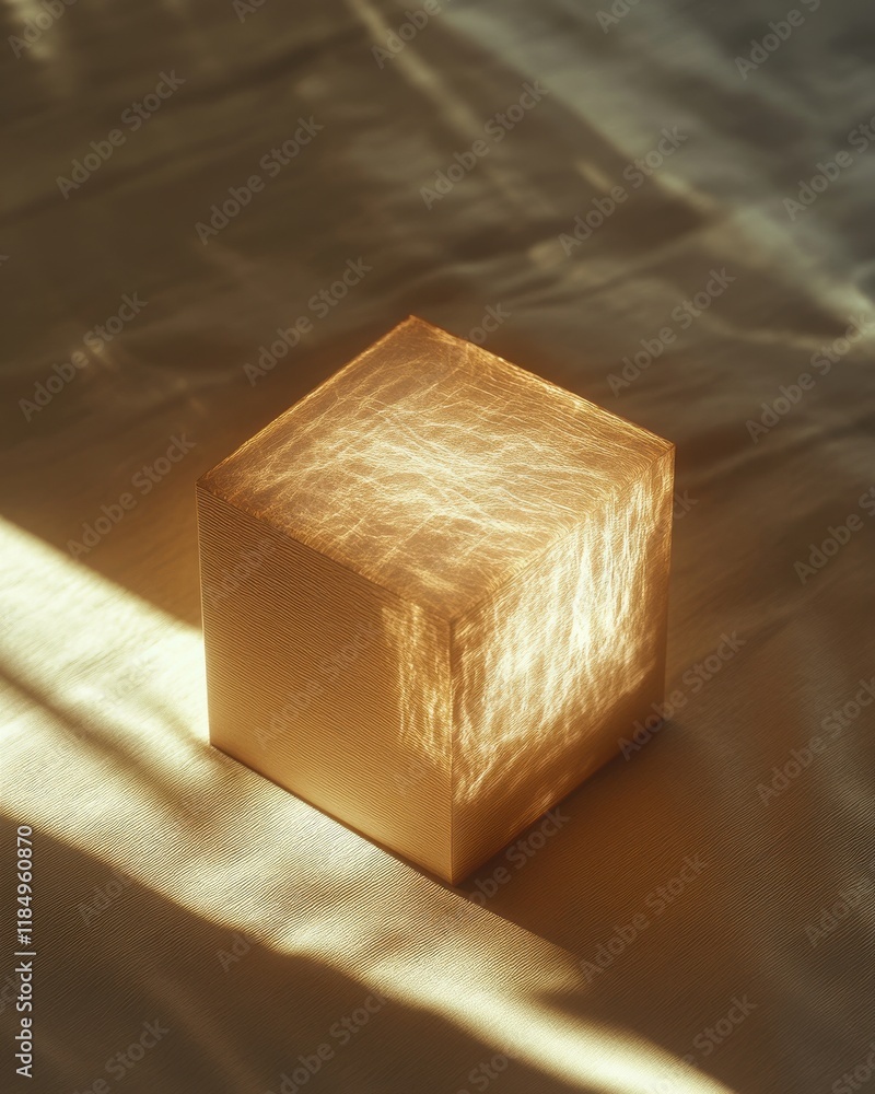 Aufkleber a soft textured cube illuminated by warm light, creating gentle shadows on a neutral background.