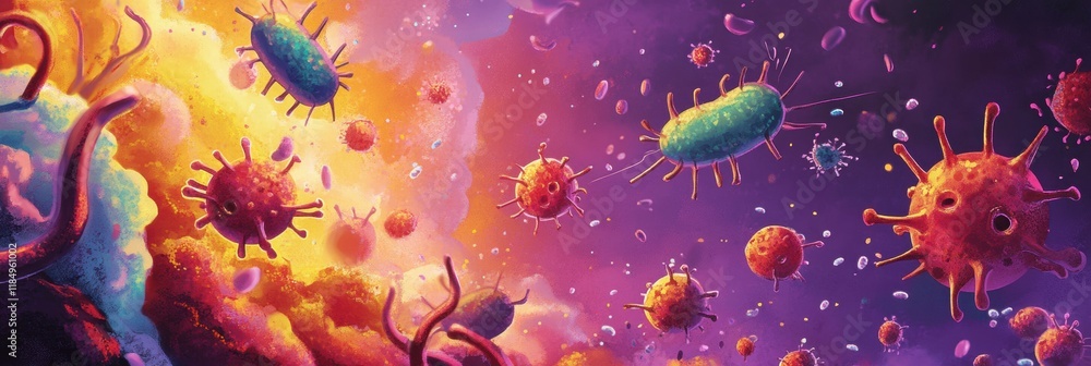 Poster cartoon style bacteria engage in a colorful battle against antibodies in a vibrant microscopic world