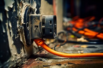 Orange extension cord plugged into a dirty and damaged wall socket in a workshop, highlighting electrical safety and potential hazards