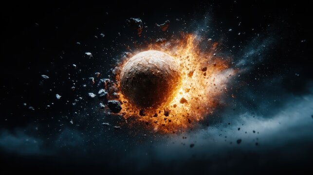 Stunning visual of a planet being destroyed in a cosmic explosion, surrounded by floating debris, serving as a vivid reminder of the vastness and unpredictability of the universe.