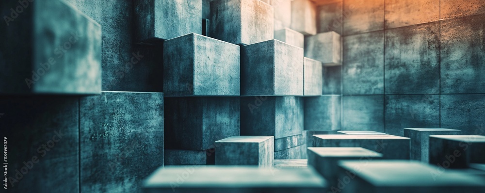 Aufkleber concrete cubes forming abstract architectural structure with dramatic lighting