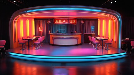 A stage with a retro 50s diner theme featuring neon lights and chrome accents 