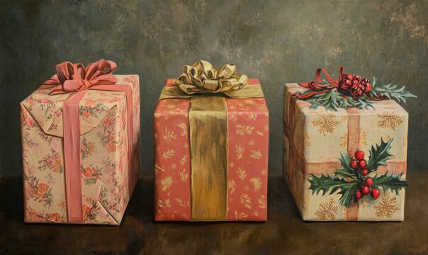 Three wrapped gifts in varying styles.