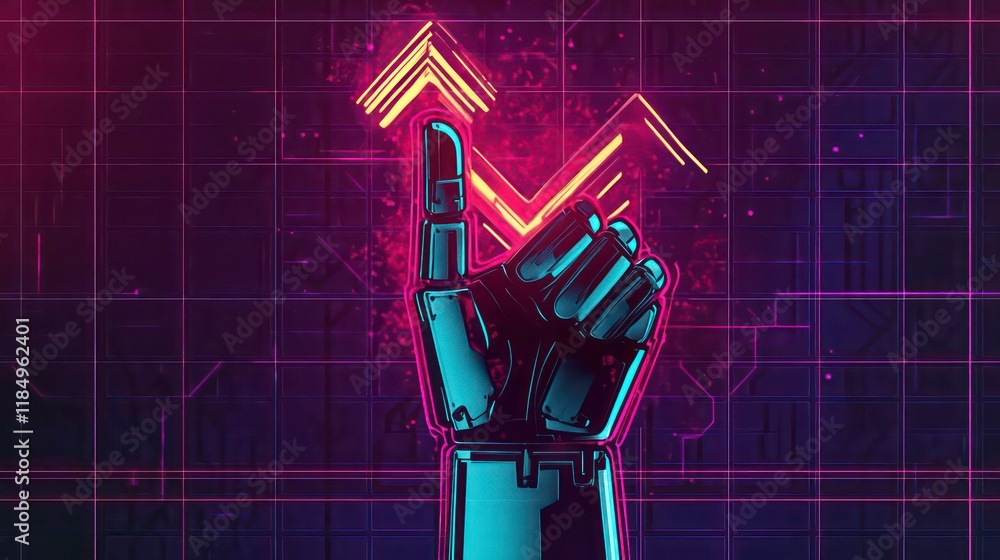 Leinwandbilder robotic hand pointing upward at glowing arrow indicating growth or progress on digital grid backgrou