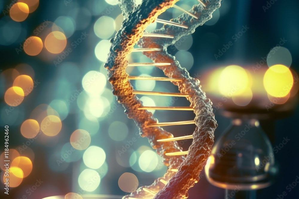 Poster rotating dna strand glowing in laboratory setting with bokeh effect background, representing genetic