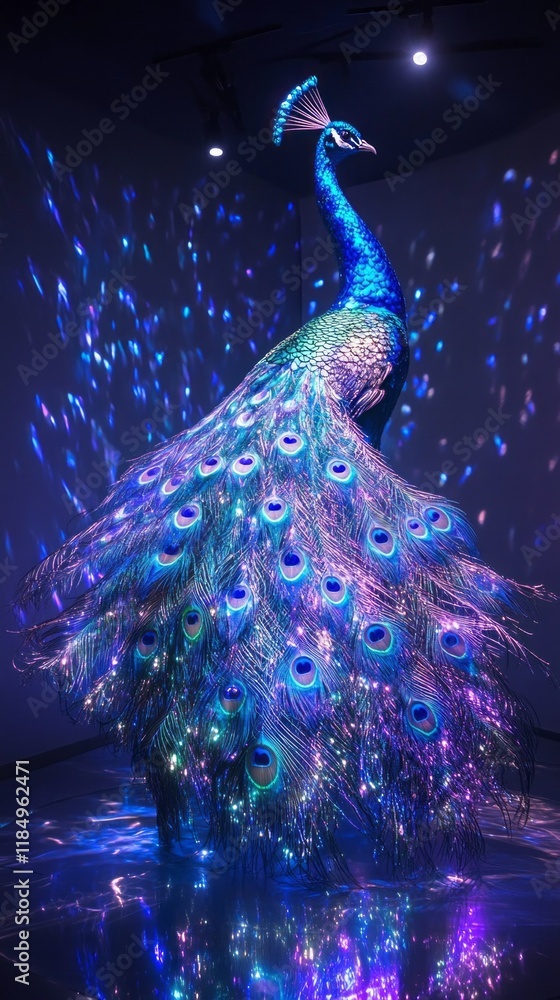 Poster a stunning peacock showcases its iridescent feathers, beautifully lit with an array of colors. the a