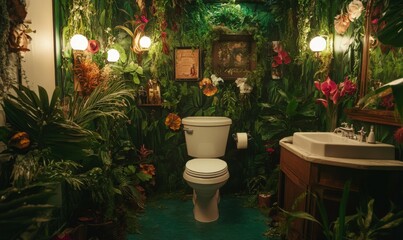 Fototapeta premium Toilet in a jungle decorated restroom