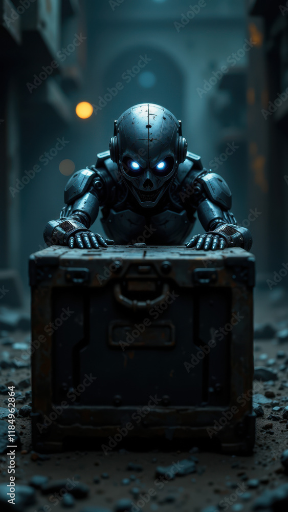 Poster an undetectable ai robot peeking out from an open briefcase in a dark room.