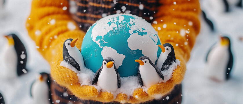 World Penguin Day theme poster. Hands holding miniature planet and penguins.