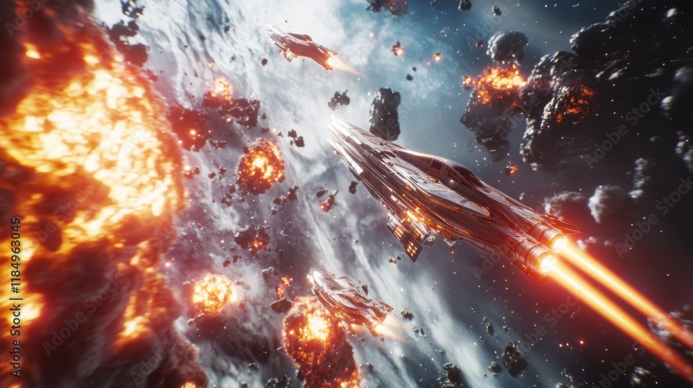 Poster a sci-fi scene featuring sleek spaceships navigating through an explosive asteroid field.