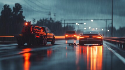 Rain storm night road accident tow truck.