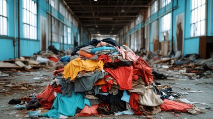 This haunting image shows an abandoned warehouse cluttered with a large pile of discarded clothes, evoking themes of neglect and the impact of consumerism.