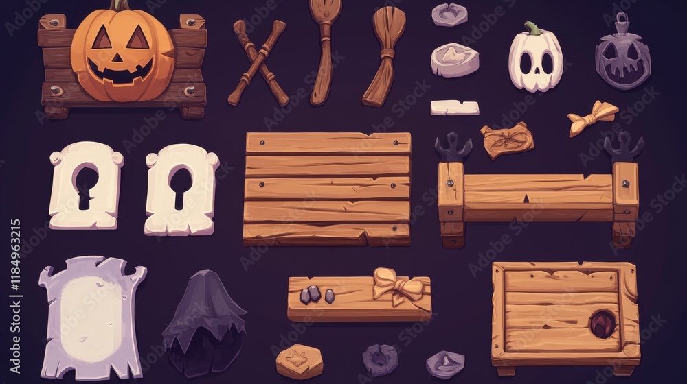 Poster old wooden boards with buttons, menu, assets and frames for game interface design. vector cartoon se