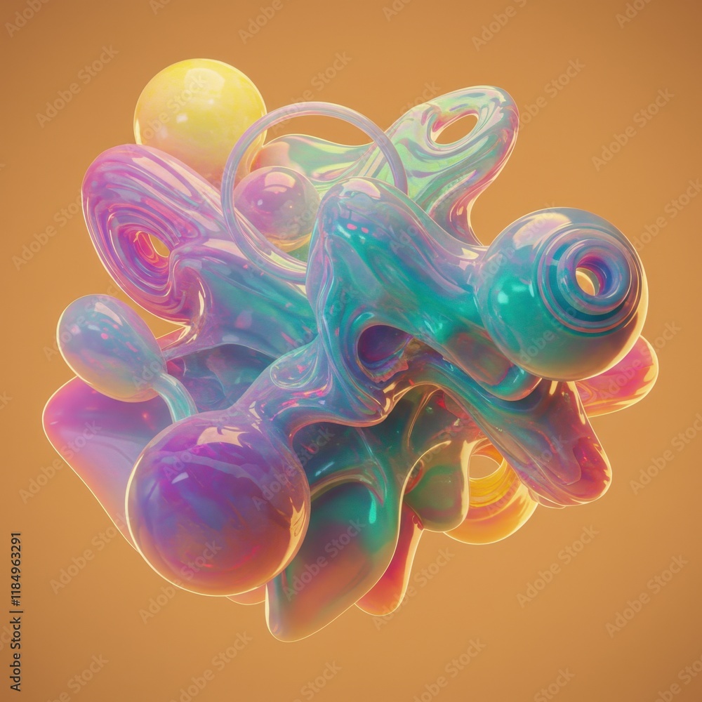 Poster vibrant abstract 3d shape with multicolored glossy surfaces on warm background
