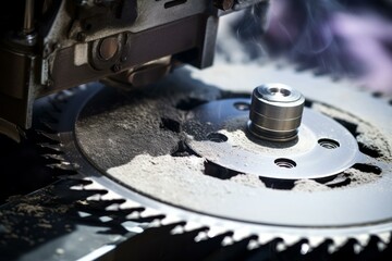 Circular saw blade rotating at high speed, creating sawdust and smoke, in a woodworking workshop
