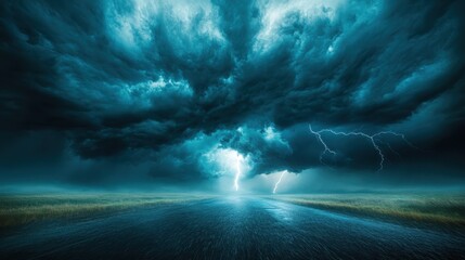 An intense thunderstorm manifests, with dark ominous clouds and bright lightning, capturing the raw power of nature and the electrifying intensity surrounding the landscape.