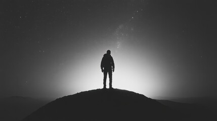 Silhouette of a lone traveler on a hill against a starry night sky, evoking a sense of wonder and solitude.