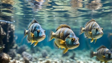 "A stunning underwater world filled with vibrant bluegill fish, their iridescent scales shimmering in the sunlight as they swim gracefully through the crystal clear waters."