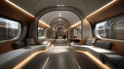 Luxurious train car interior; curved seating, wood, and lighting.