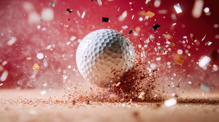 An action-packed shot of a golf ball striking the turf sends colorful confetti flying, symbolizing excitement and celebration in the world of golfing.