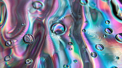 A stunning macro photograph showcasing an iridescent liquid background with intricate patterns of surreal, dreamy bubbles, creating a psychedelic, cinematic, realistic visual with a trippy aesthetic