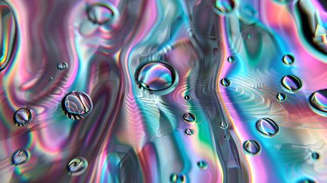 A stunning macro photograph showcasing an iridescent liquid background with intricate patterns of surreal, dreamy bubbles, creating a psychedelic, cinematic, realistic visual with a trippy aesthetic