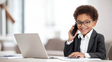 Fototapeta premium Smiling African-American boy dressed as businessman in suit and glasses using laptop and phone in office, simulating entrepreneurial enthusiasm.